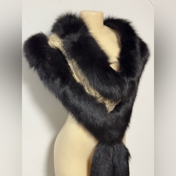 Vintage Black Mink Arctic Fox Fur Shawl Oversized Gold Trim Adjustable Stole - Picture 3 of 16